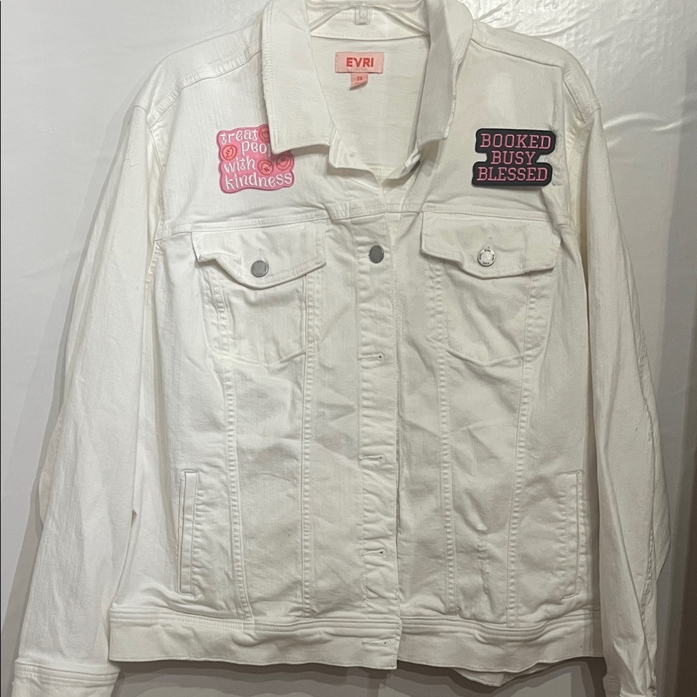 EVRI Women's White Denim Jacket with Patches